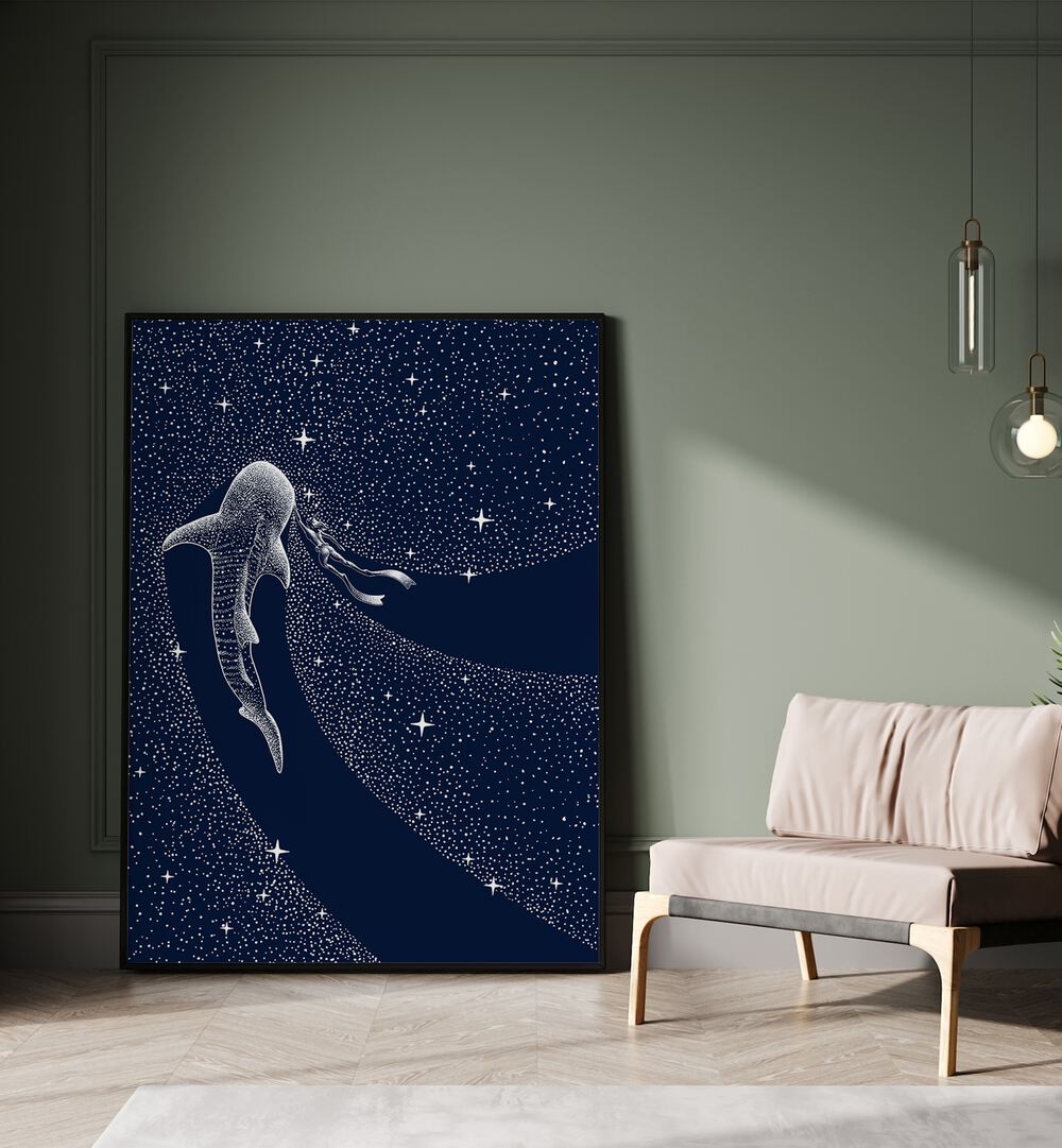 Star Eater And Diver II By Aliriza Cakir Surreal Paintings Surreal Art in Black Plain Frame placed on the floor near a Green Colored Wall in the Drawing Room