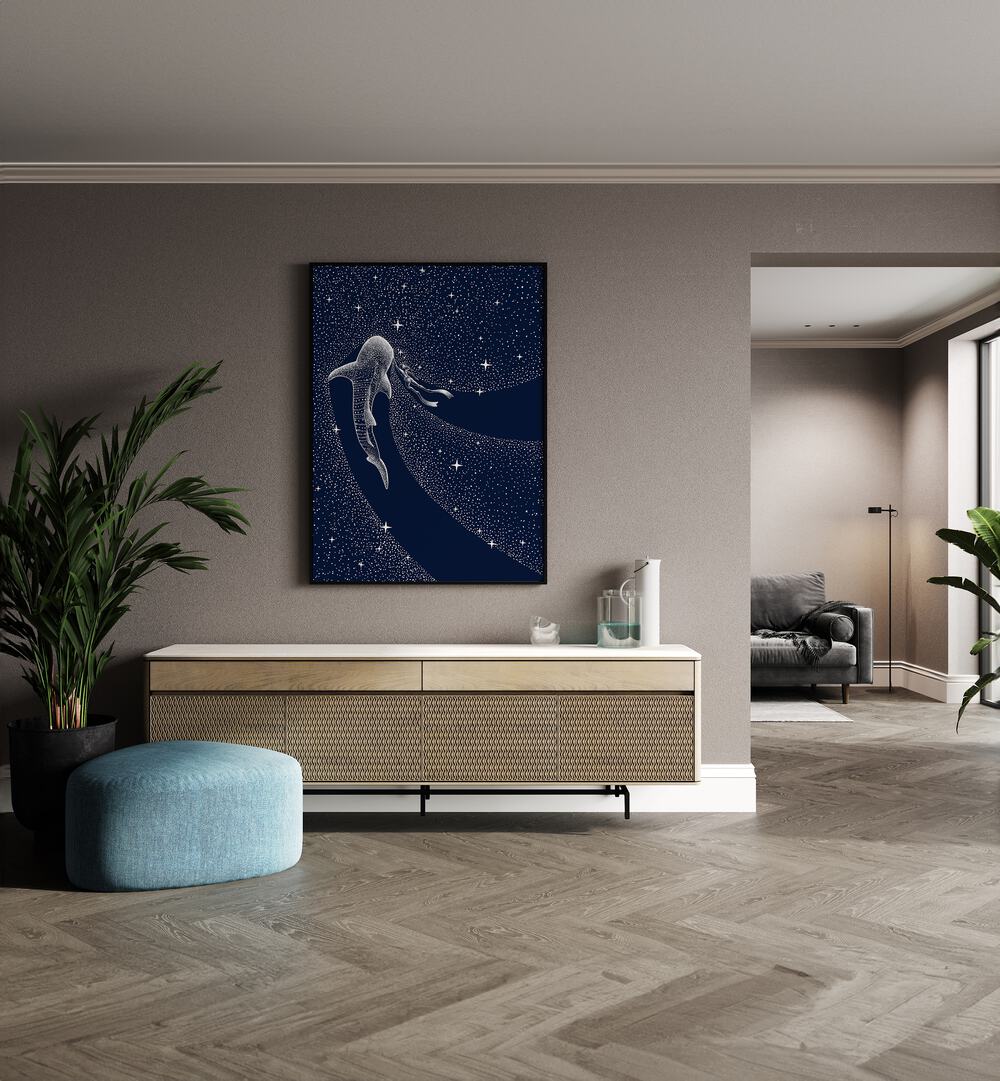 Star Eater And Diver II By Aliriza Cakir Surreal Paintings Surreal Art in Black Plain Frame placed on a Beige Colored Wall above a Console Table in the Drawing Room