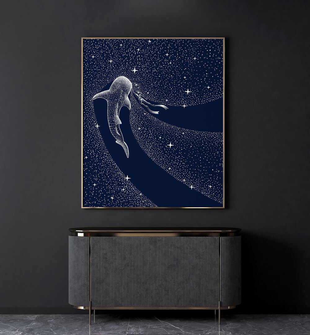 Star Eater And Diver II By Aliriza Cakir Surreal Paintings Surreal Art in Gold Plain Frame placed on a Dark Grey Colored Wall above a Console Table in the Living Room