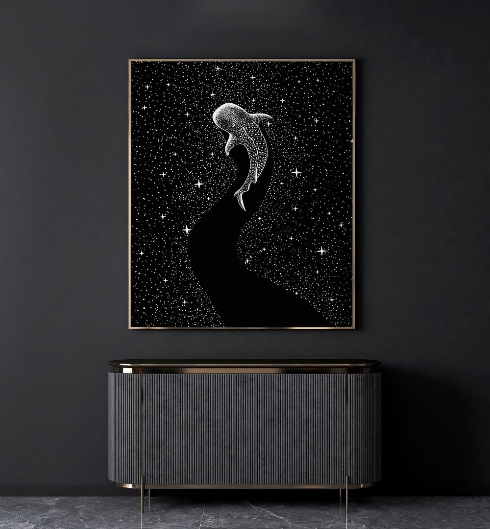 Star Eater Black Version By Aliriza Cakir Surreal Paintings Surreal Art in Gold Plain Frame placed on a Dark Grey Colored Wall above a Console Table in the Living Room