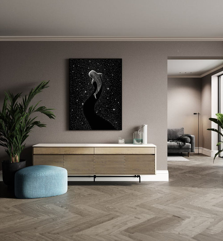 Star Eater Black Version By Aliriza Cakir Surreal Paintings Surreal Art in Black Plain Frame placed on a Beige Colored Wall above a Console Table in the Drawing Room