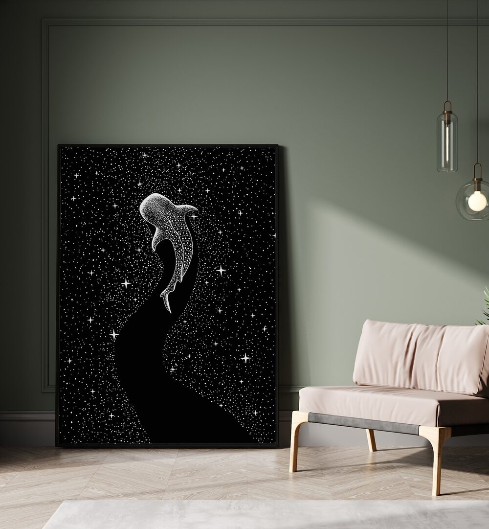 Star Eater Black Version By Aliriza Cakir Surreal Paintings Surreal Art in Black Plain Frame placed on the floor near a Green Colored Wall in the Drawing Room