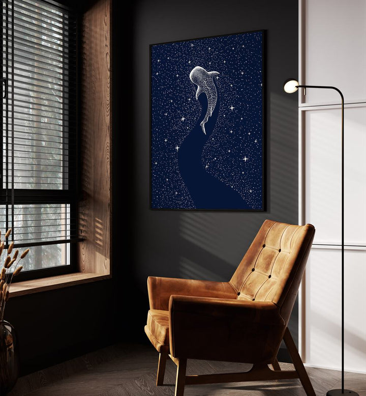 Star Eater By Aliriza Cakir Surreal Paintings Surreal Art in Black Plain Frame placed on a Dark Grey Colored Wall near a Brown Sofa Chair in the Drawing Room