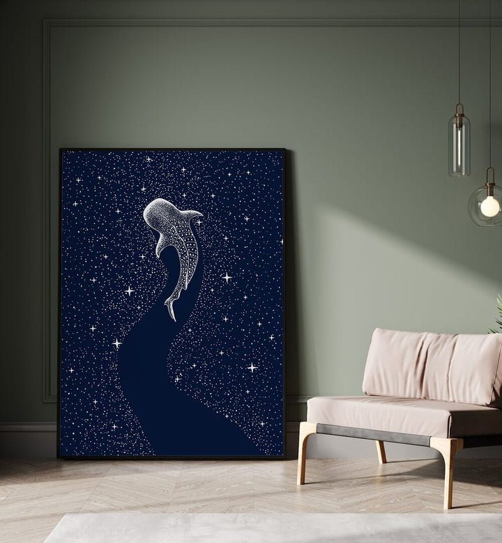 Star Eater By Aliriza Cakir Surreal Paintings Surreal Art in Black Plain Frame placed on the floor near a Green Colored Wall in the Drawing Room