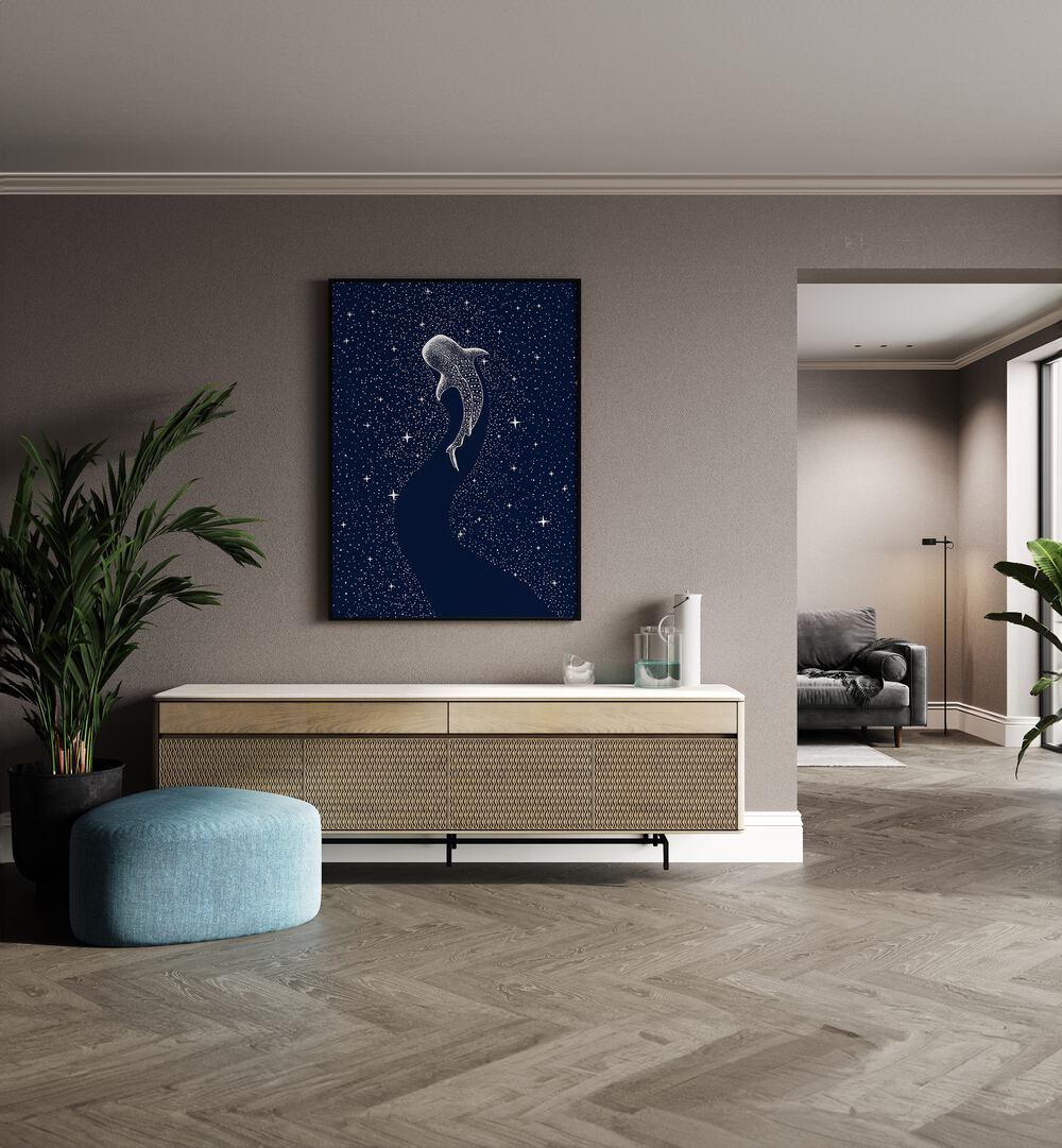 Star Eater By Aliriza Cakir Surreal Paintings Surreal Art in Black Plain Frame placed on a Beige Colored Wall above a Console Table in the Drawing Room