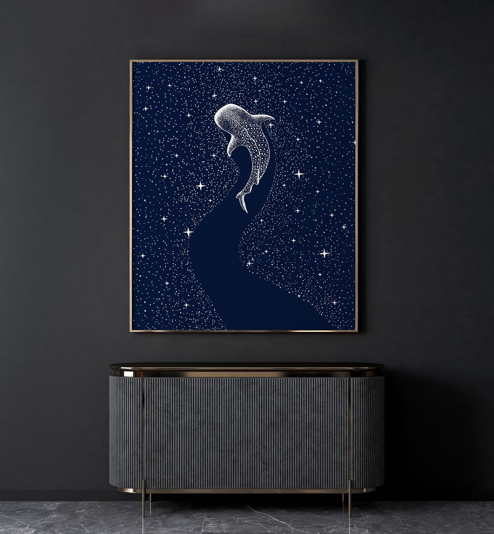 Star Eater By Aliriza Cakir Surreal Paintings Surreal Art in Gold Plain Frame placed on a Dark Grey Colored Wall above a Console Table in the Living Room