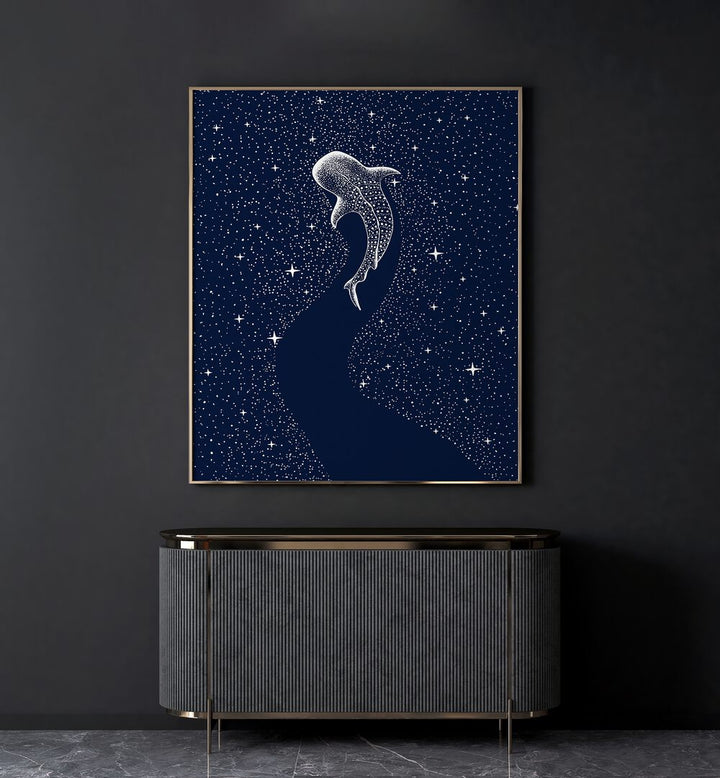 Star Eater By Aliriza Cakir Surreal Paintings Surreal Art in Gold Plain Frame placed on a Dark Grey Colored Wall above a Console Table in the Living Room