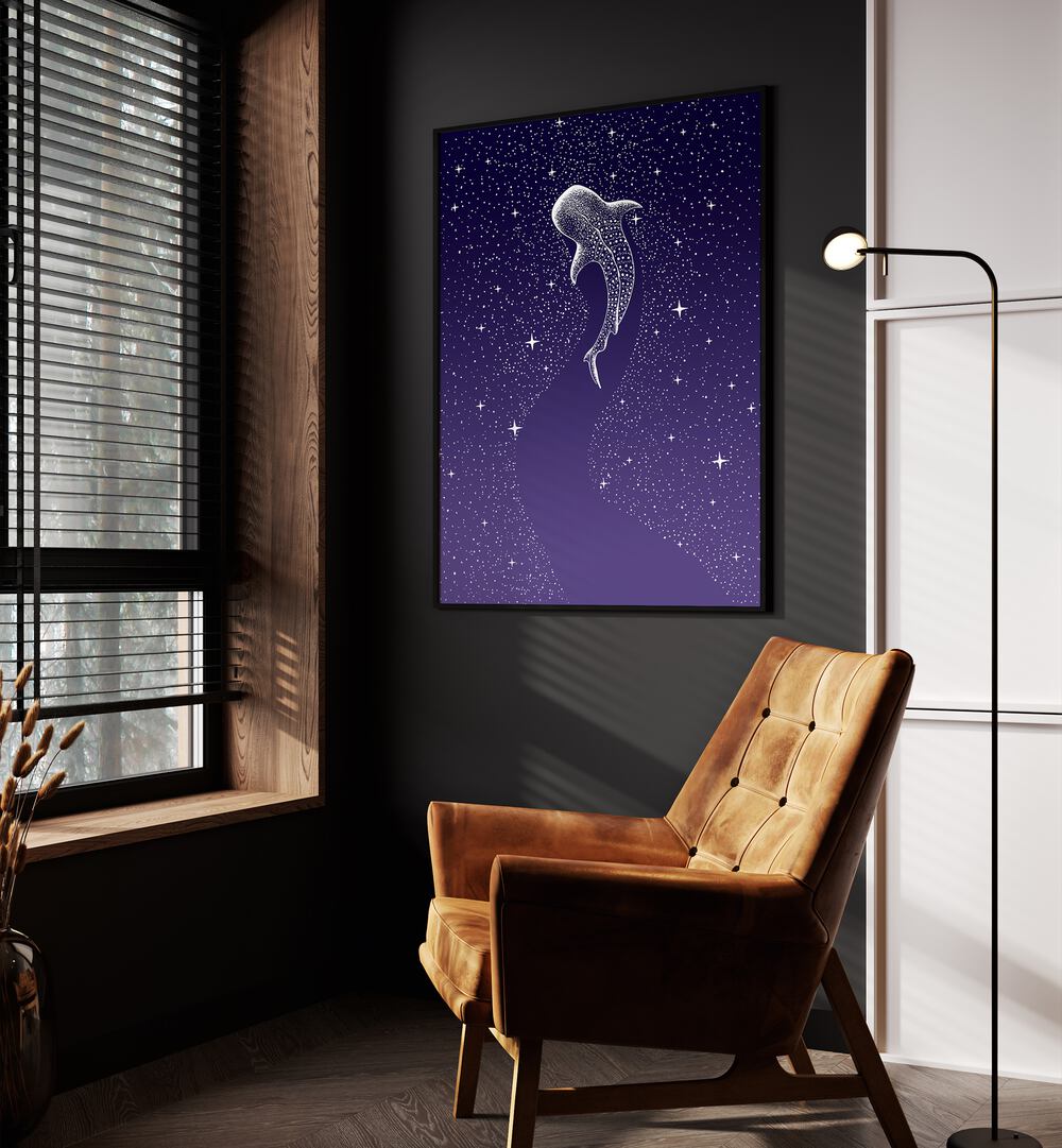 Star Eater Dark Blue To Purple Grad By Aliriza Cakir Surreal Paintings Surreal Art in Black Plain Frame placed on a Dark Grey Colored Wall near a Brown Sofa Chair in the Drawing Room