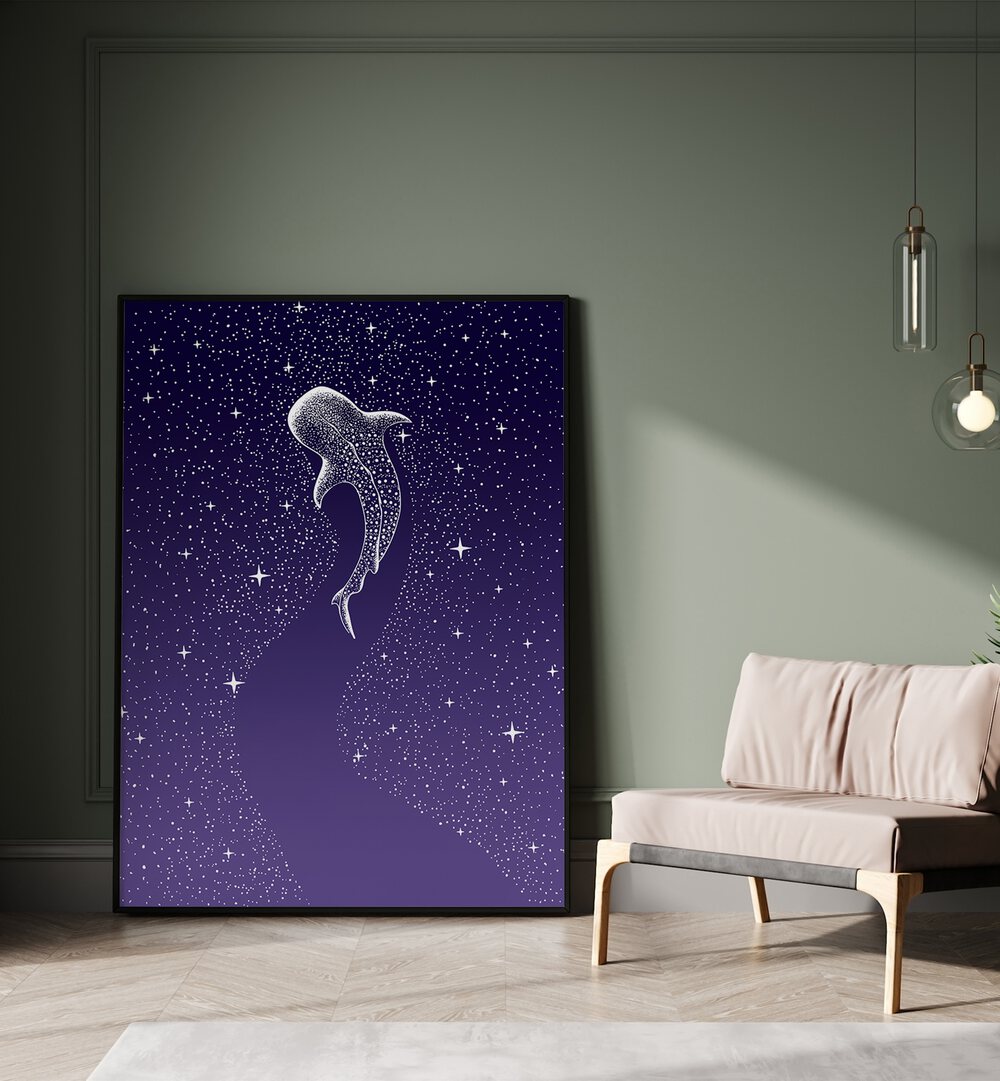 Star Eater Dark Blue To Purple Grad By Aliriza Cakir Surreal Paintings Surreal Art in Black Plain Frame placed on the floor near a Green Colored Wall in the Drawing Room