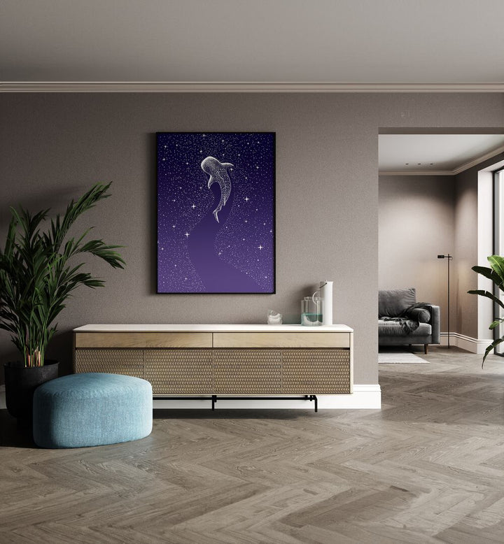 Star Eater Dark Blue To Purple Grad By Aliriza Cakir Surreal Paintings Surreal Art in Black Plain Frame placed on a Beige Colored Wall above a Console Table in the Drawing Room