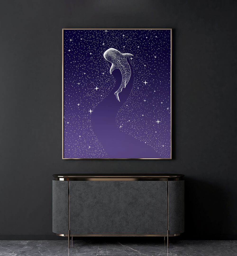 Star Eater Dark Blue To Purple Grad By Aliriza Cakir Surreal Paintings Surreal Art in Gold Plain Frame placed on a Dark Grey Colored Wall above a Console Table in the Living Room