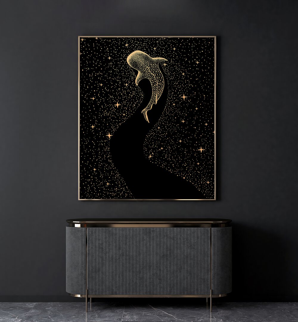 Star Eater Dark Gold Version By Aliriza Cakir Surreal Paintings Surreal Art in Gold Plain Frame placed on a Dark Grey Colored Wall above a Console Table in the Living Room