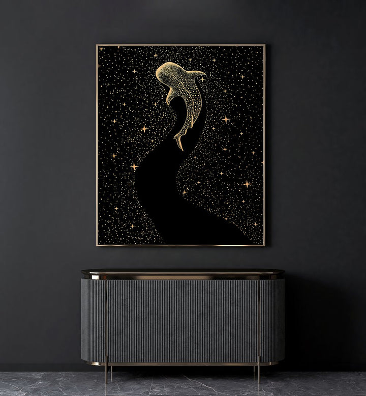 Star Eater Dark Gold Version By Aliriza Cakir Surreal Paintings Surreal Art in Gold Plain Frame placed on a Dark Grey Colored Wall above a Console Table in the Living Room