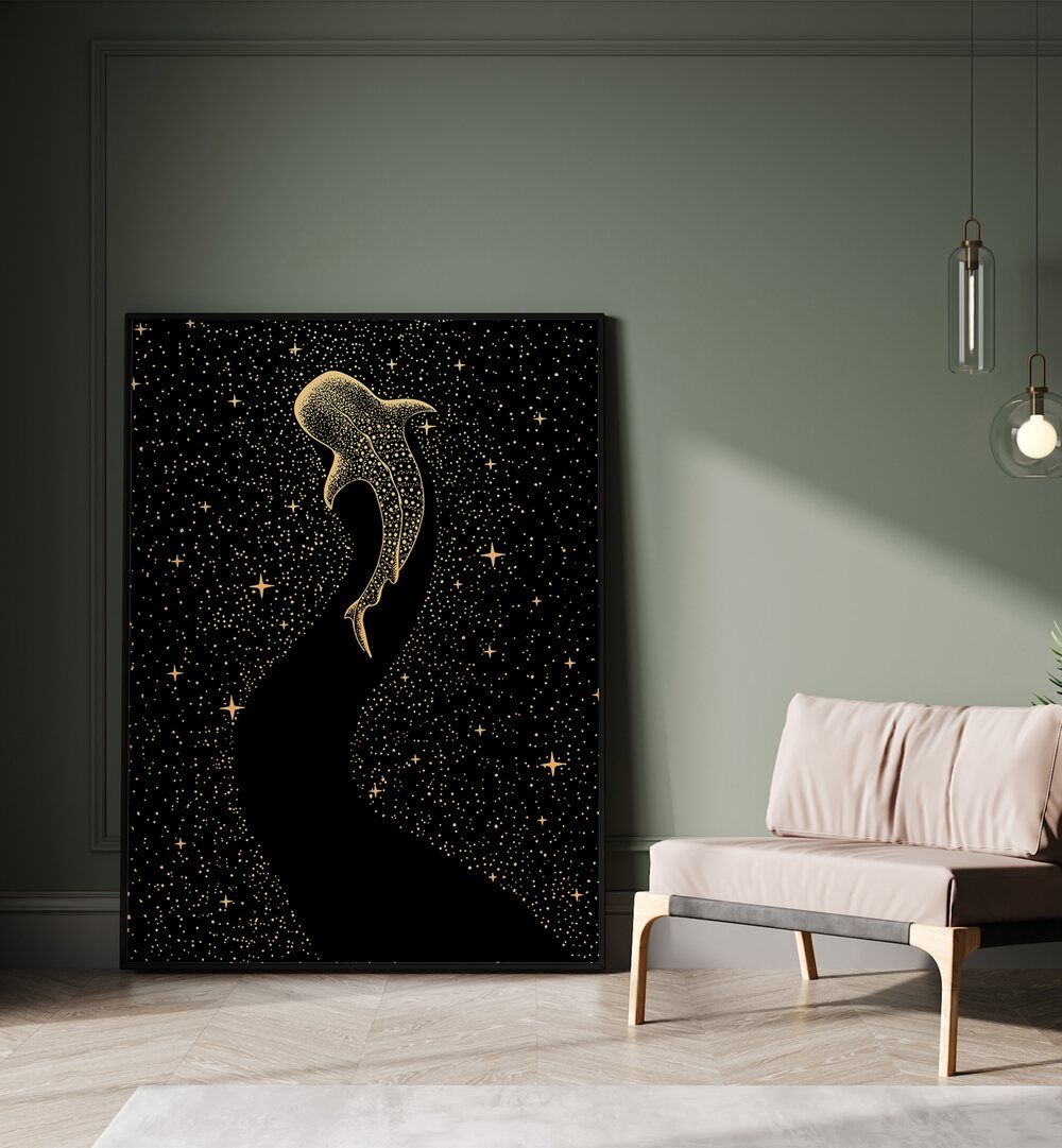 Star Eater Dark Gold Version By Aliriza Cakir Surreal Paintings Surreal Art in Black Plain Frame placed on the floor near a Green Colored Wall in the Drawing Room