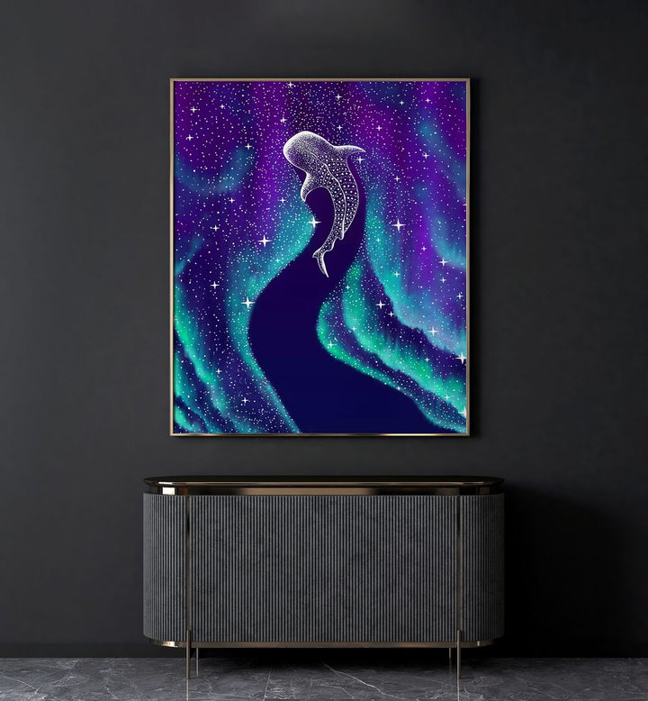 Star Eater In Northern Lights By Aliriza Cakir Surreal Paintings Surreal Art in Gold Plain Frame placed on a Dark Grey Colored Wall above a Console Table in the Living Room