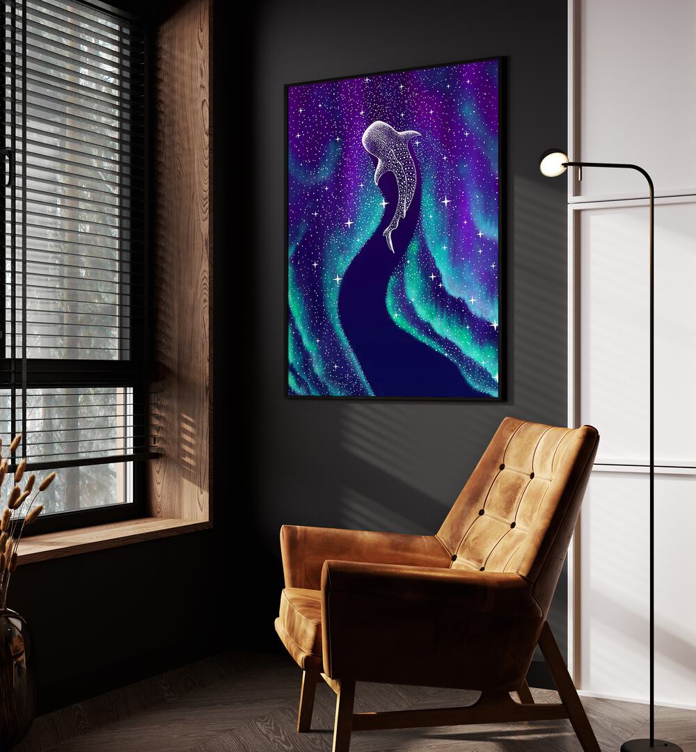 Star Eater In Northern Lights By Aliriza Cakir Surreal Paintings Surreal Art in Black Plain Frame placed on a Dark Grey Colored Wall near a Brown Sofa Chair in the Drawing Room