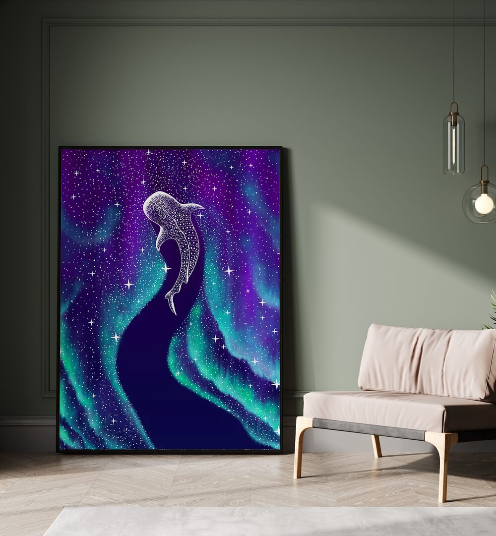 Star Eater In Northern Lights By Aliriza Cakir Surreal Paintings Surreal Art in Black Plain Frame placed on the floor near a Green Colored Wall in the Drawing Room