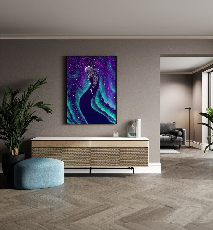 Star Eater In Northern Lights By Aliriza Cakir Surreal Paintings Surreal Art in Black Plain Frame placed on a Beige Colored Wall above a Console Table in the Drawing Room