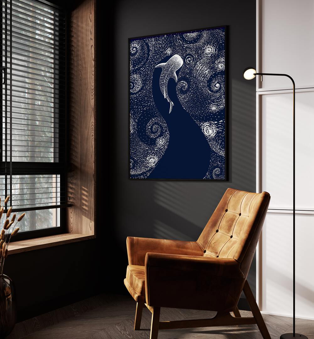 Star Eater In Van Gogh Style By Aliriza Cakir Surreal Paintings Surreal Art in Black Plain Frame placed on a Dark Grey Colored Wall near a Brown Sofa Chair in the Drawing Room