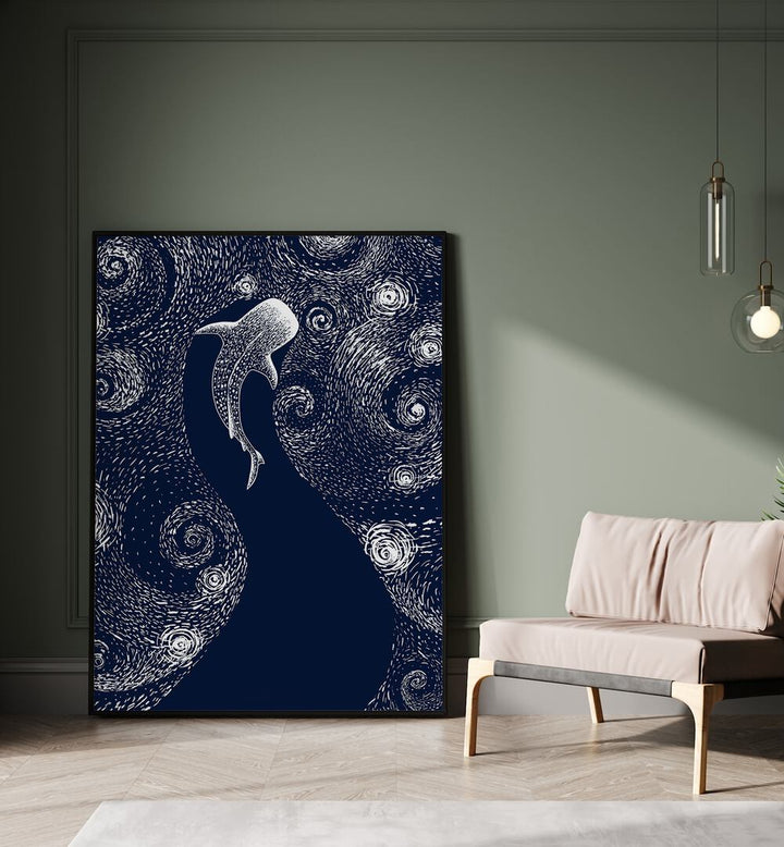 Star Eater In Van Gogh Style By Aliriza Cakir Surreal Paintings Surreal Art in Black Plain Frame placed on the floor near a Green Colored Wall in the Drawing Room