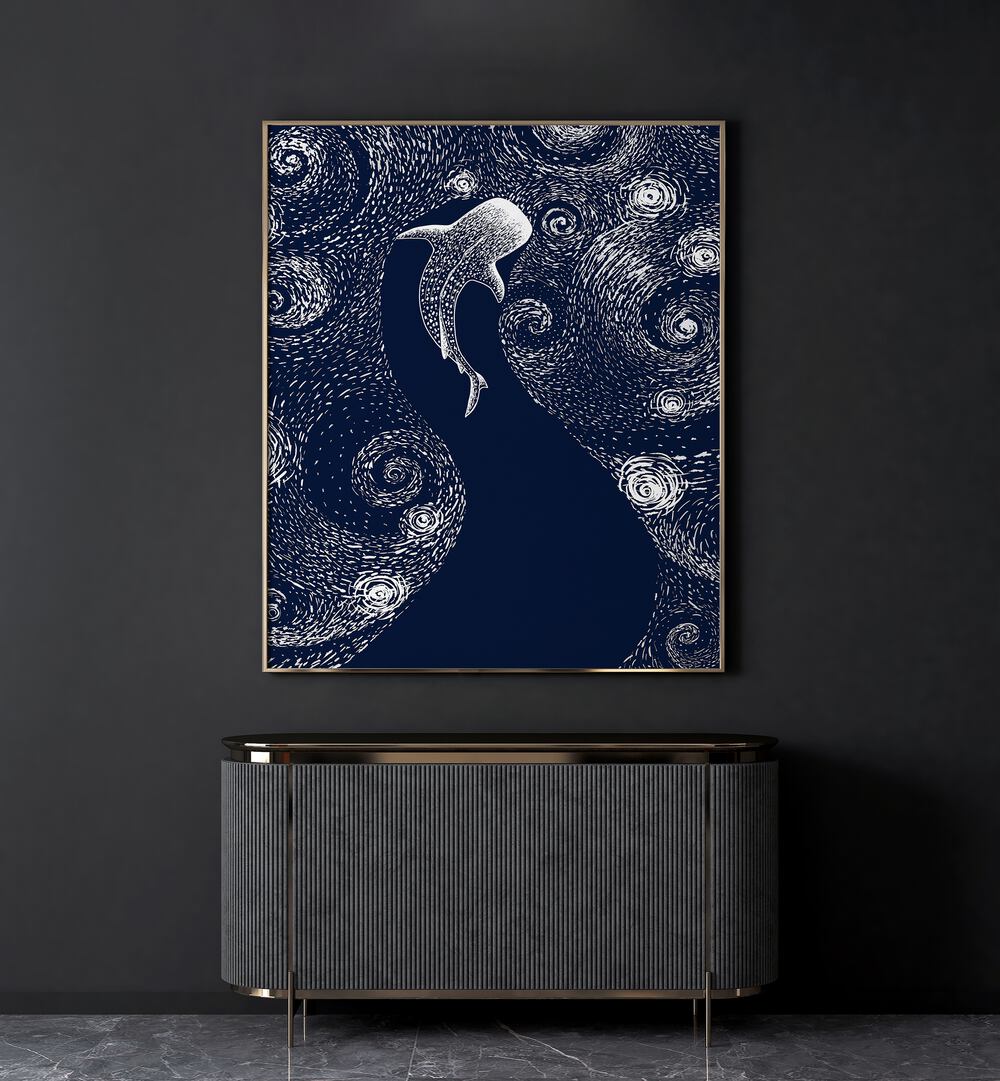 Star Eater In Van Gogh Style By Aliriza Cakir Surreal Paintings Surreal Art in Gold Plain Frame placed on a Dark Grey Colored Wall above a Console Table in the Living Room