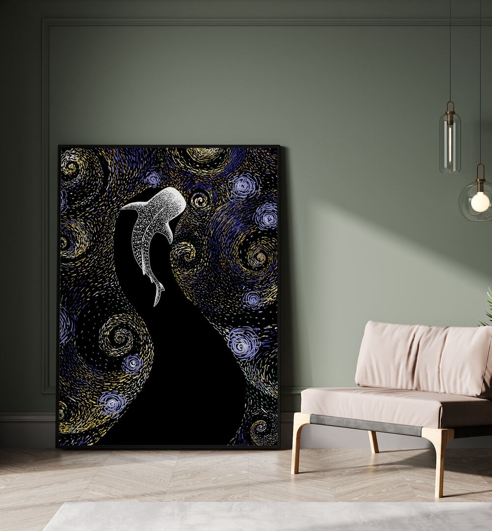 Star Eater In Van Gogh Style II By Aliriza Cakir Surreal Paintings Surreal Art in Black Plain Frame placed on the floor near a Green Colored Wall in the Drawing Room