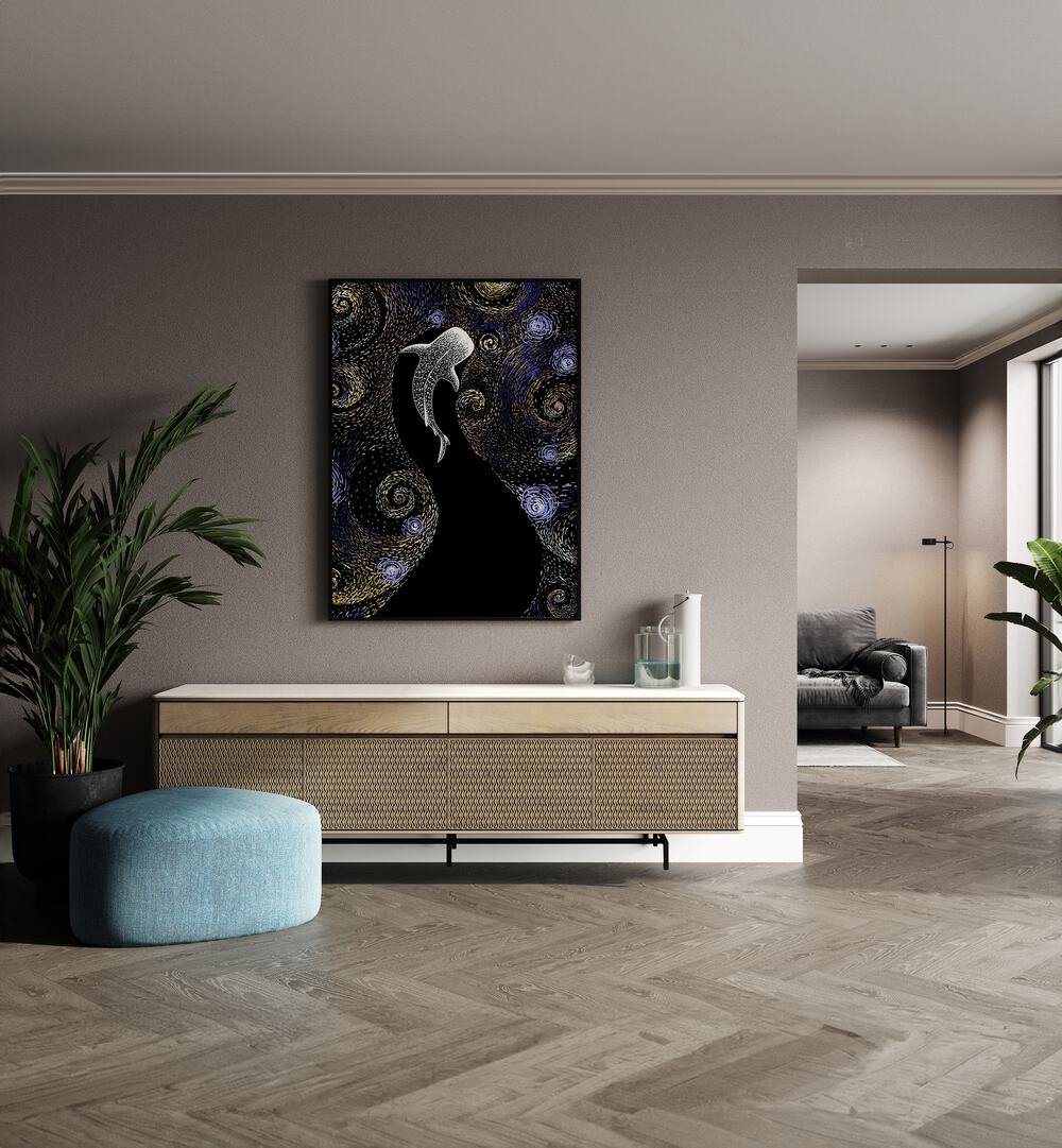 Star Eater In Van Gogh Style II By Aliriza Cakir Surreal Paintings Surreal Art in Black Plain Frame placed on a Beige Colored Wall above a Console Table in the Drawing Room