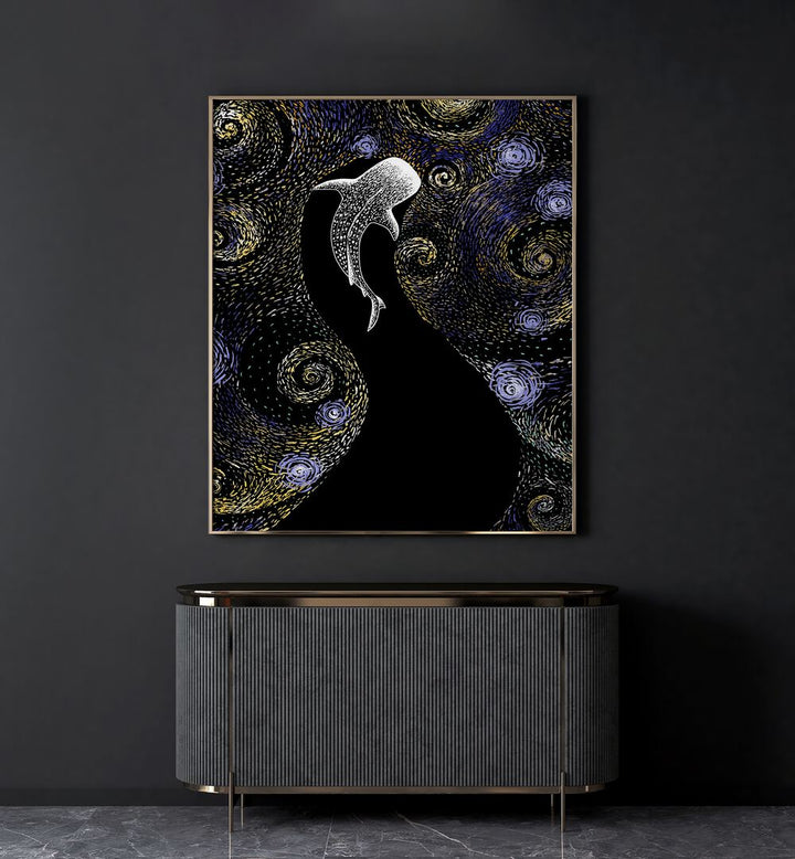 Star Eater In Van Gogh Style II By Aliriza Cakir Surreal Paintings Surreal Art in Gold Plain Frame placed on a Dark Grey Colored Wall above a Console Table in the Living Room