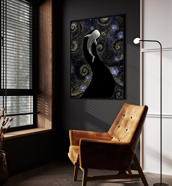 Star Eater In Van Gogh Style II By Aliriza Cakir Surreal Paintings Surreal Art in Black Plain Frame placed on a Dark Grey Colored Wall near a Brown Sofa Chair in the Drawing Room