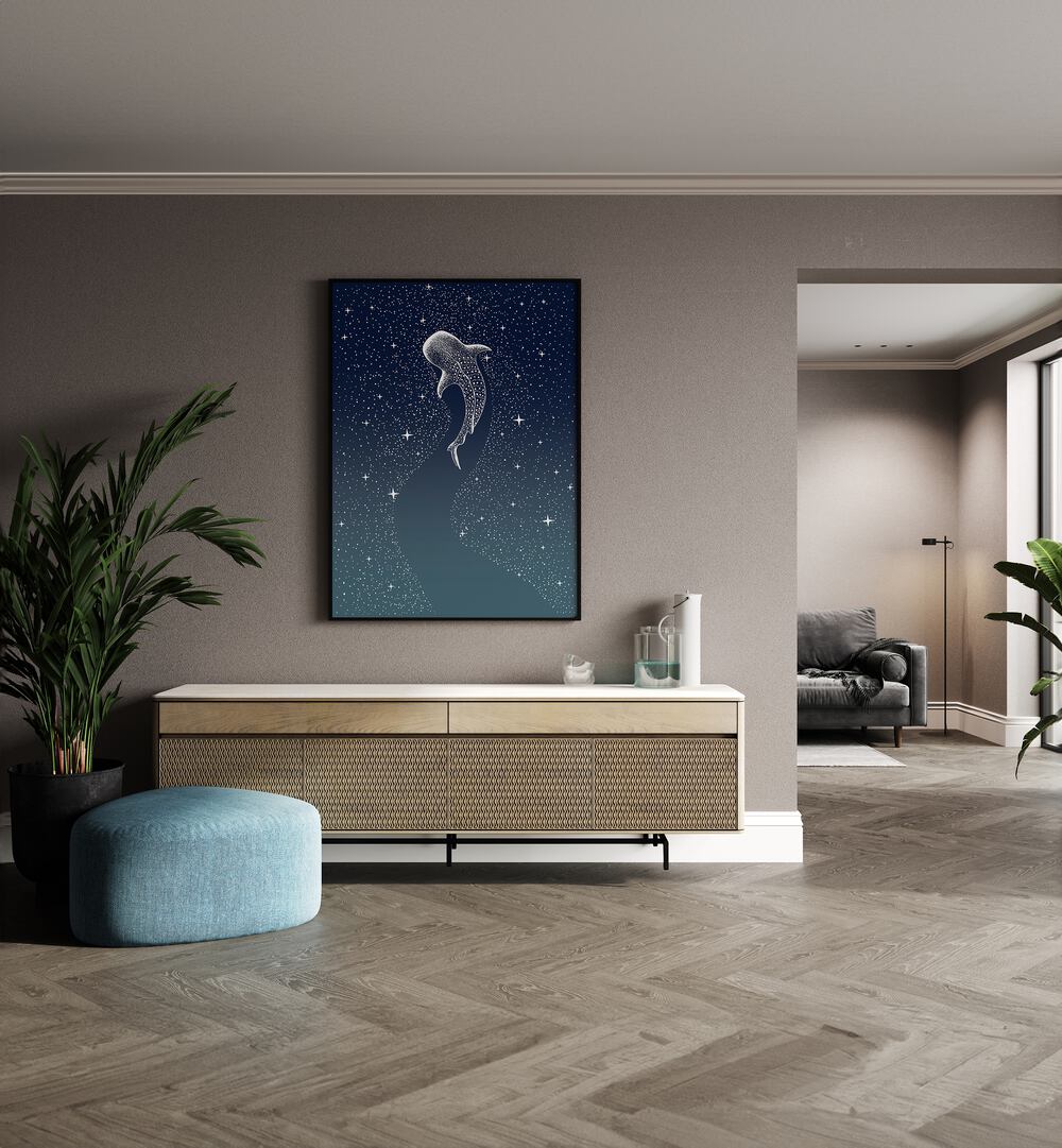 Star Eater Version II Turquoise By Aliriza Cakir Surreal Paintings Surreal Art in Black Plain Frame placed on a Beige Colored Wall above a Console Table in the Drawing Room