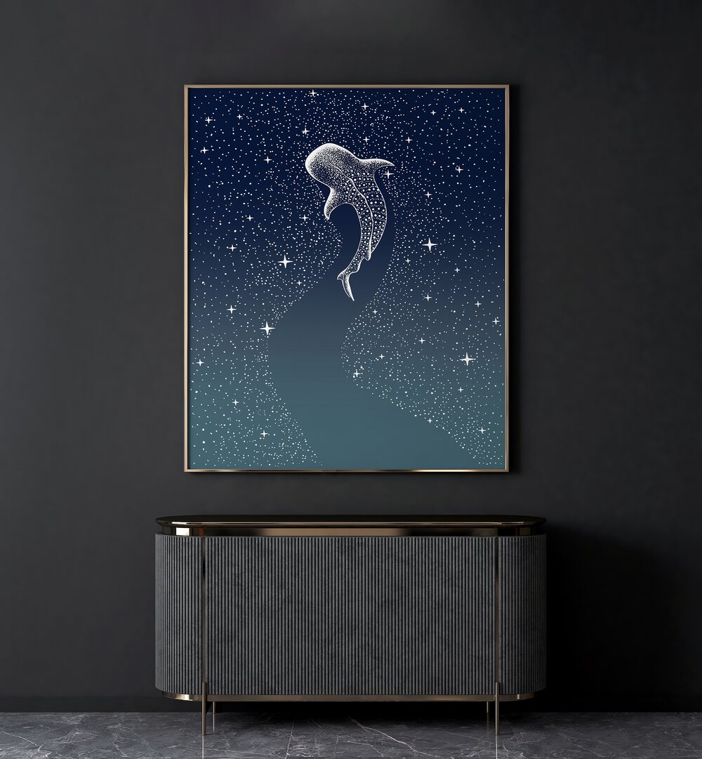 Star Eater Version II Turquoise By Aliriza Cakir Surreal Paintings Surreal Art in Gold Plain Frame placed on a Dark Grey Colored Wall above a Console Table in the Living Room