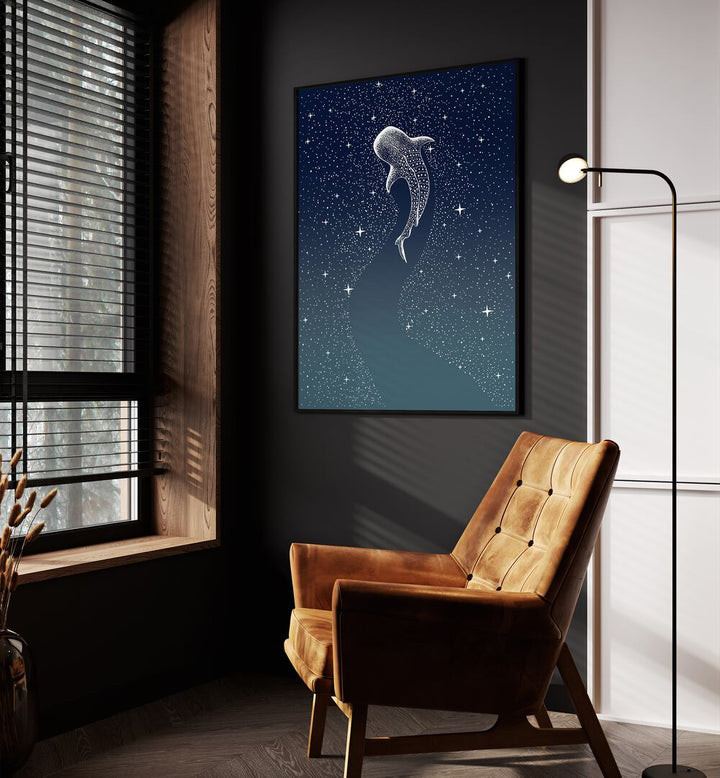 Star Eater Version II Turquoise By Aliriza Cakir Surreal Paintings Surreal Art in Black Plain Frame placed on a Dark Grey Colored Wall near a Brown Sofa Chair in the Drawing Room