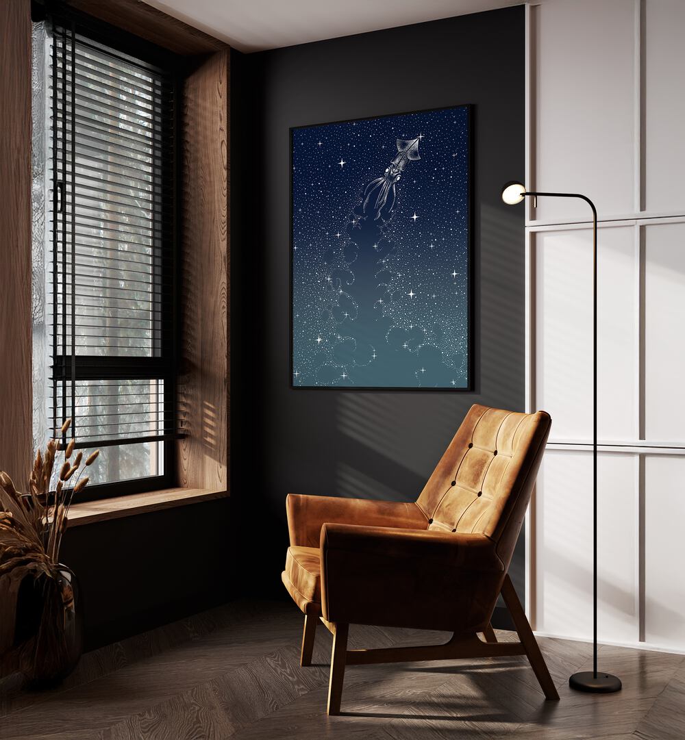 Star Inker Turquoise By Aliriza Cakir Surreal Paintings Surreal Art in Black Plain Frame placed on a Dark Grey Colored Wall near a Brown Sofa Chair in the Drawing Room