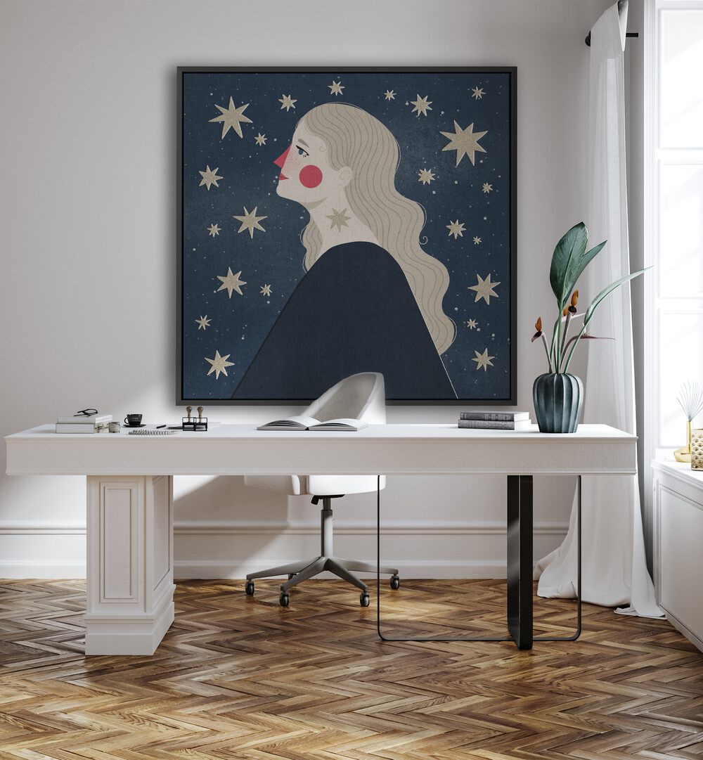 Stargazing By Julia Leister Women Illustration Paintings in Black Plain Frame on a white wall placed behind a study table