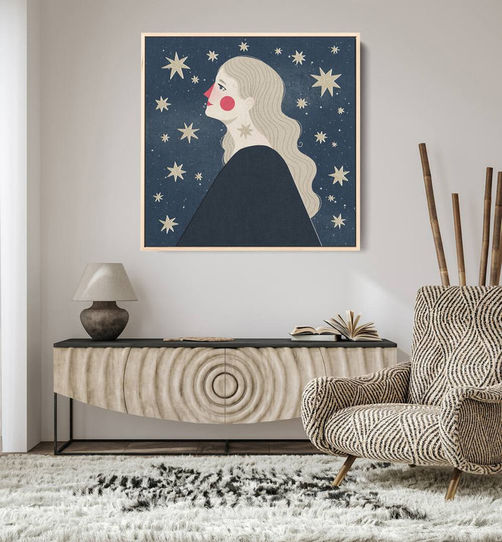 Stargazing By Julia Leister Women Illustration Paintings in Oak Wood Plain Frame on a white wall placed behind a console table