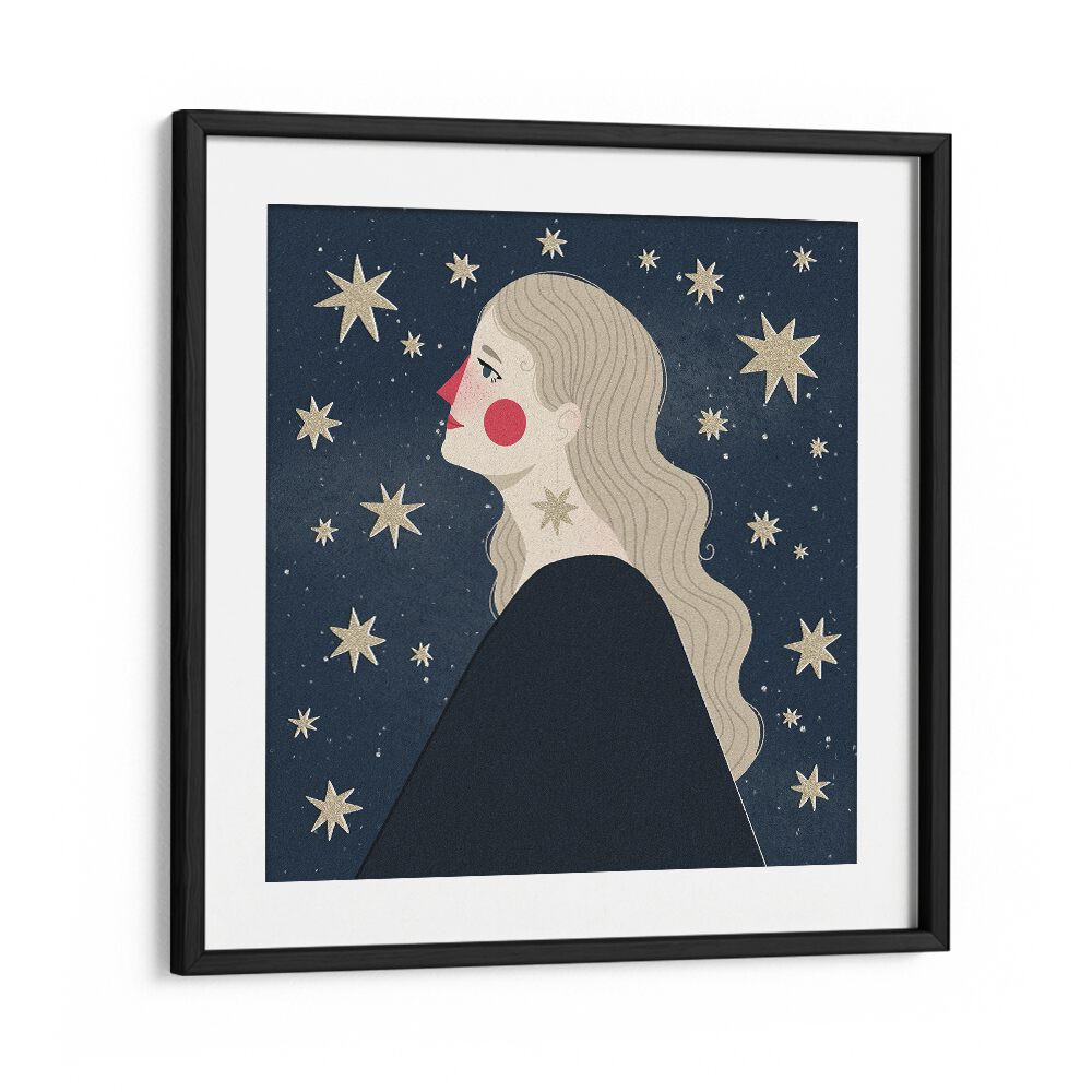 Stargazing By Julia Leister Women Illustration Paintings in Black Frame With Mount