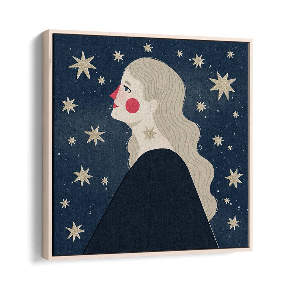 Stargazing By Julia Leister Women Illustration Paintings in Oak Wood Floater Frame