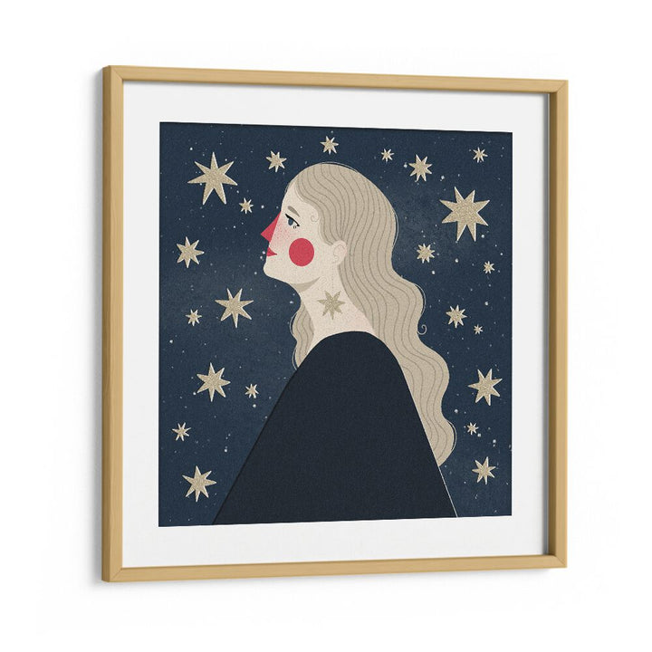 Stargazing By Julia Leister Women Illustration Paintings in Oak Wood Frame With Mount