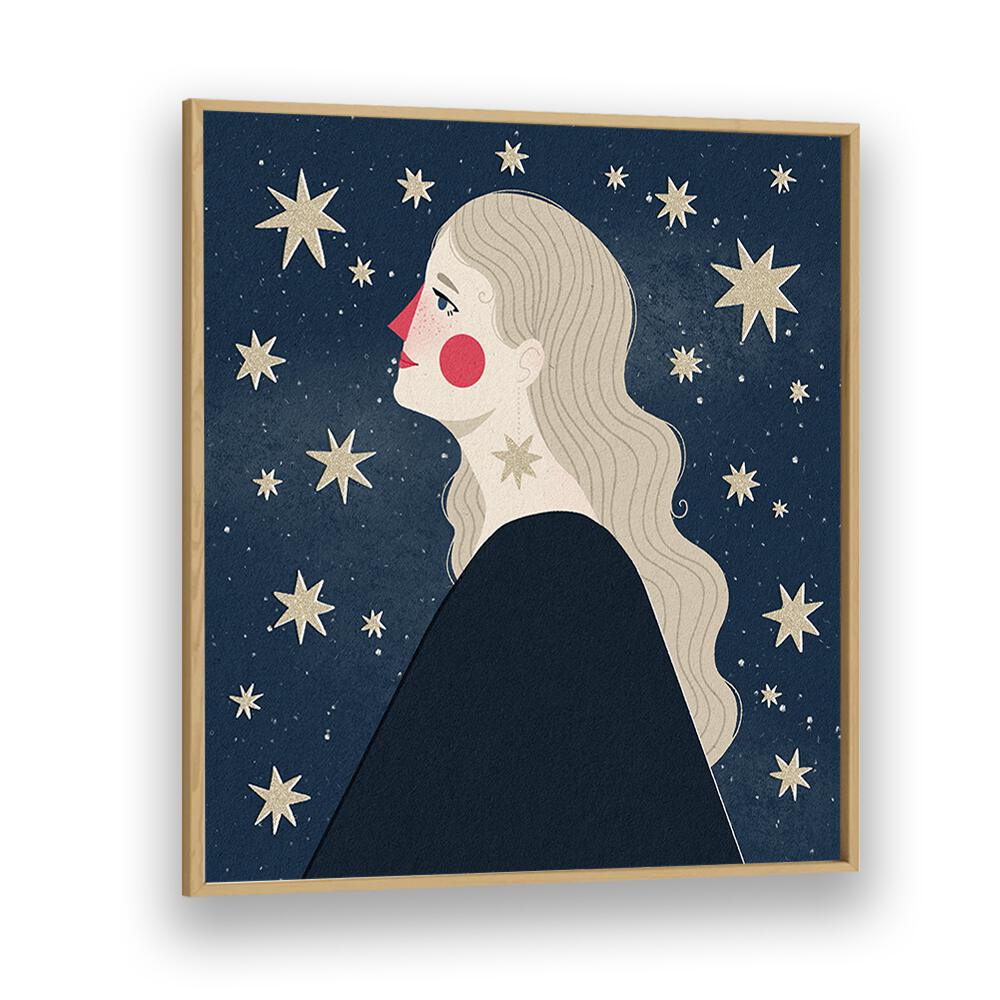 Stargazing By Julia Leister Women Illustration Paintings in Oak Wood Plain Frame