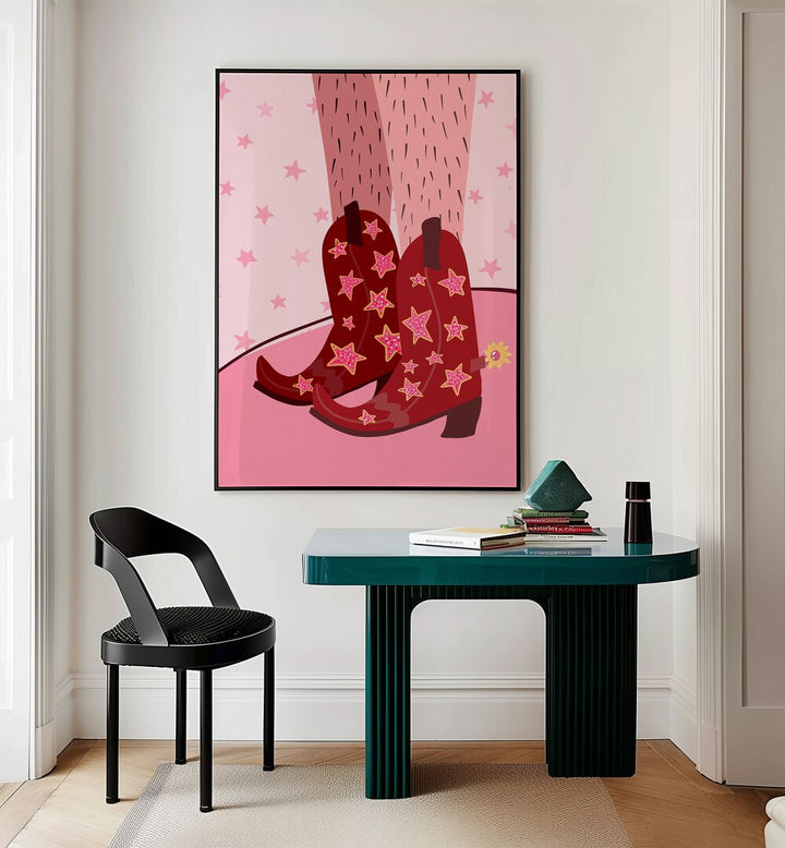 Starry Cow Girl Boots by Athene Fritsch Wall Art Prints Wall Art Printings in Black Plain Frame placed on a wall behind a study table