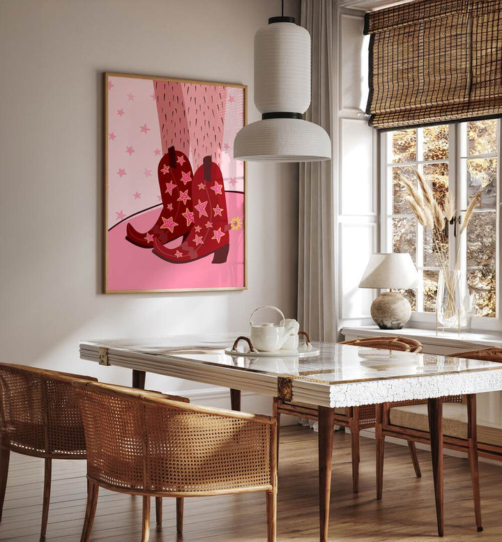 Starry Cow Girl Boots by Athene Fritsch Wall Art Prints Wall Art Printings in Oak Wood Plain Frame  placed on a wall in a dining room area beside a window and behind a dining table