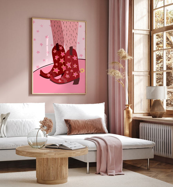 Starry Cow Girl Boots by Athene Fritsch Wall Art Prints Wall Art Printings in Oak Wood Plain Frame  placed on a living room wall behind a sofa and beside a window