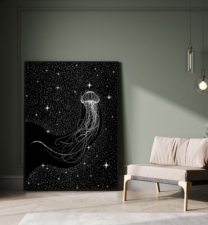 Starry Jellyfish Black Version By Aliriza Cakir Surreal Paintings Surreal Art in Black Plain Frame placed on the floor near a Green Colored Wall in the Drawing Room