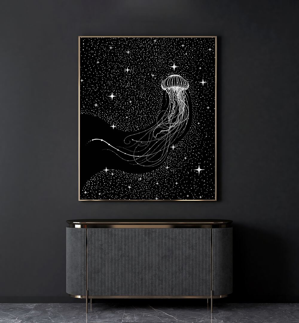 Surreal art print featuring the STARRY JELLYFISH against a cosmic backdrop, showcasing Aliriza Çakir's dreamlike beauty.