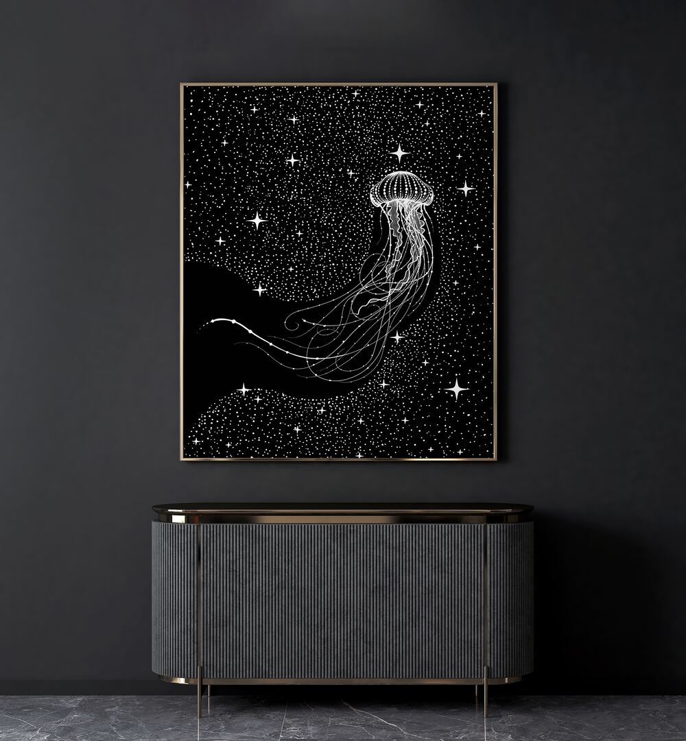 Starry Jellyfish Black Version By Aliriza Cakir Surreal Paintings Surreal Art in Gold Plain Frame placed on a Dark Grey Colored Wall above a Console Table in the Living Room