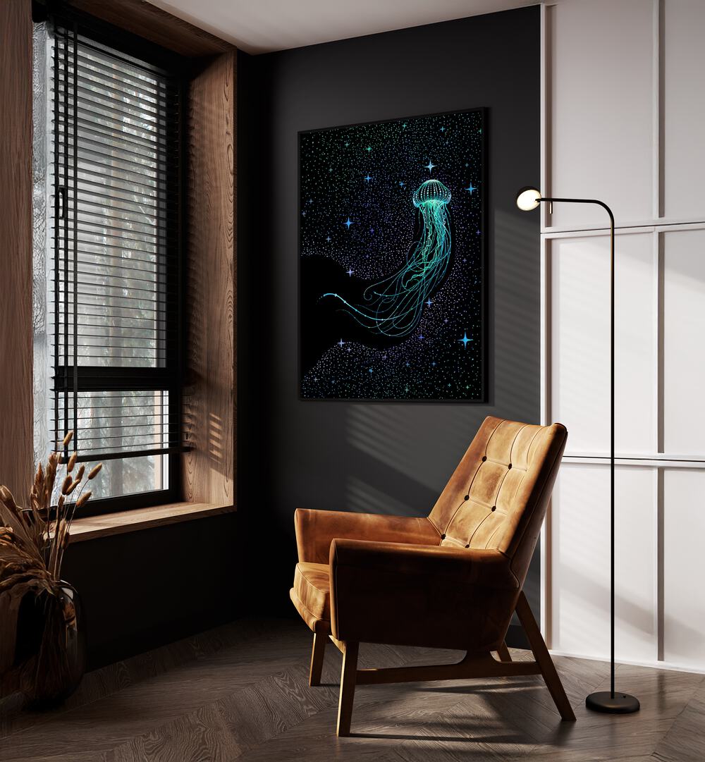 Starry Jellyfish Colored By Aliriza Cakir Surreal Paintings Surreal Art in Black Plain Frame placed on a Dark Grey Colored Wall near a Brown Sofa Chair in the Drawing Room