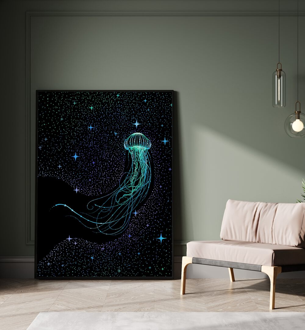 Starry Jellyfish Colored By Aliriza Cakir Surreal Paintings Surreal Art in Black Plain Frame placed on the floor near a Green Colored Wall in the Drawing Room