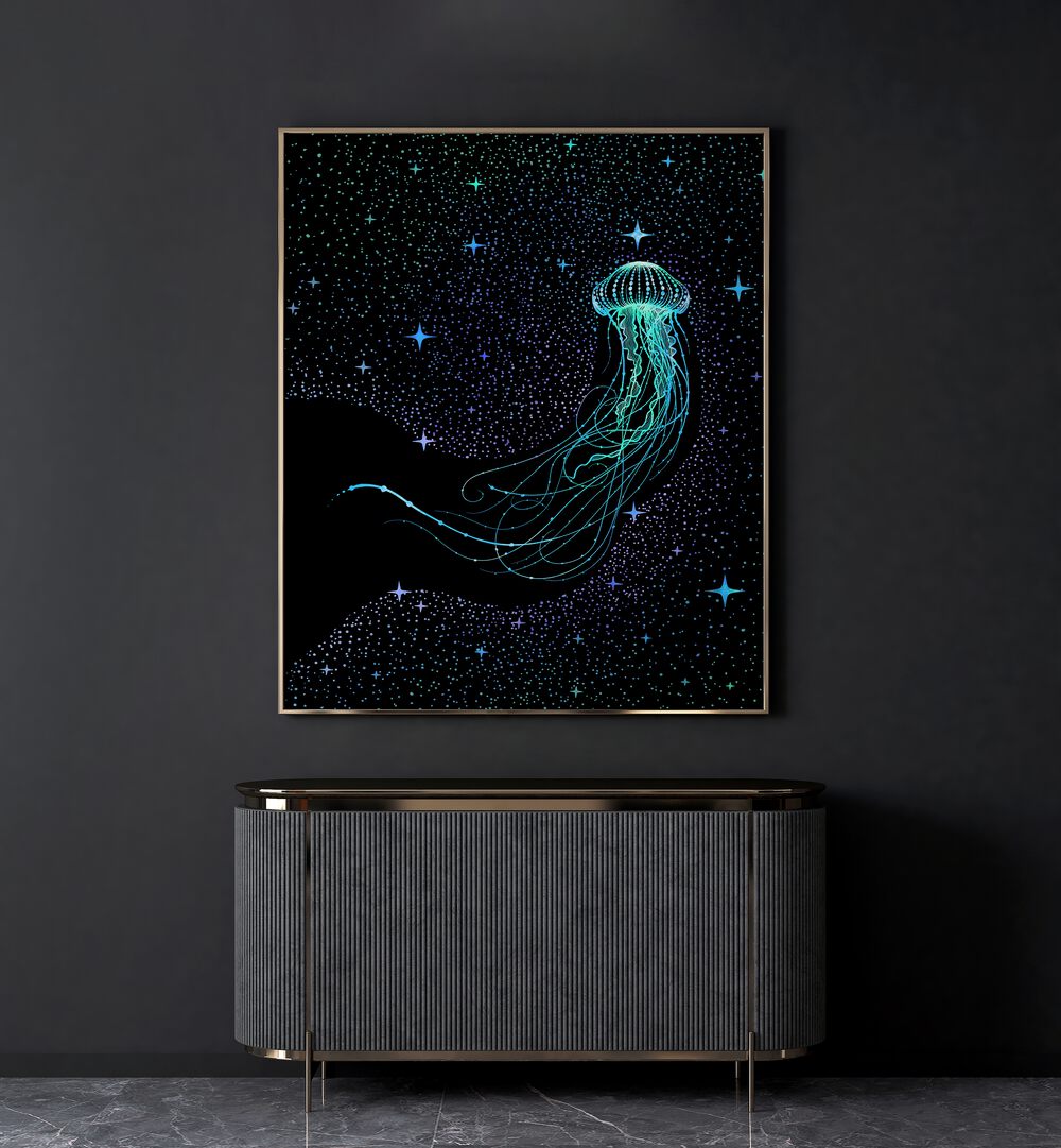 Starry Jellyfish Colored By Aliriza Cakir Surreal Paintings Surreal Art in Gold Plain Frame placed on a Dark Grey Colored Wall above a Console Table in the Living Room