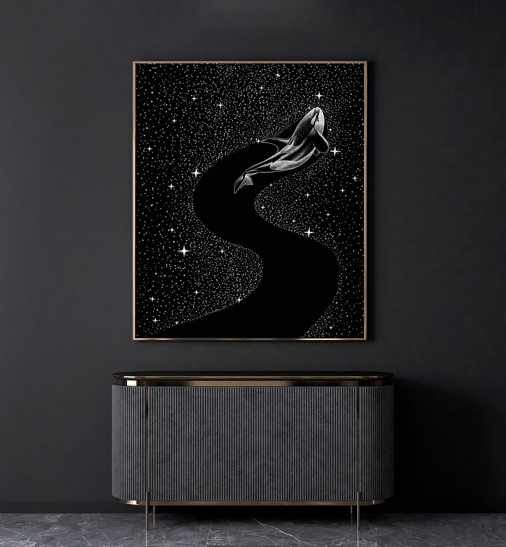 Starry Orca Black Version By Aliriza Cakir Surreal Paintings Surreal Art in Gold Plain Frame placed on a Dark Grey Colored Wall above a Console Table in the Living Room