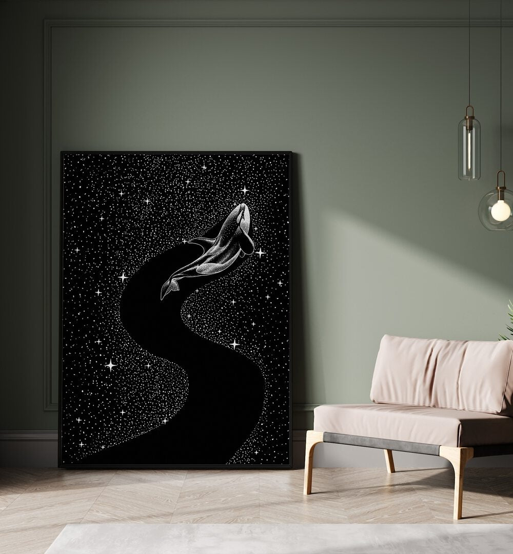 Starry Orca Black Version By Aliriza Cakir Surreal Paintings Surreal Art in Black Plain Frame placed on the floor near a Green Colored Wall in the Drawing Room